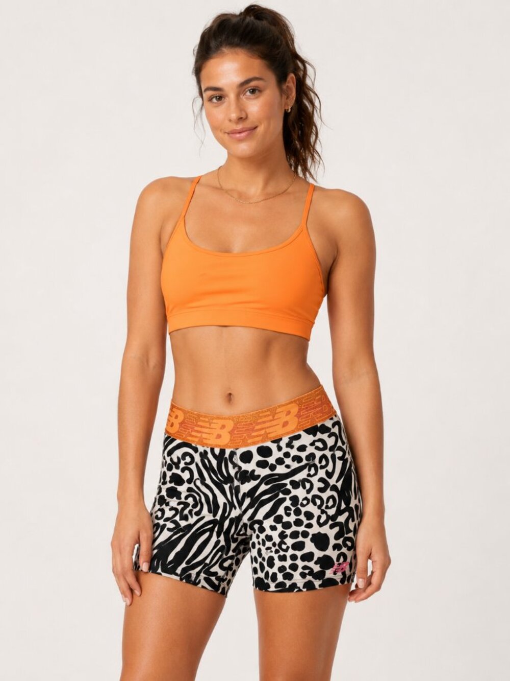 New Balance Black & White Animal-Print Bike Shorts with Orange Waistband
